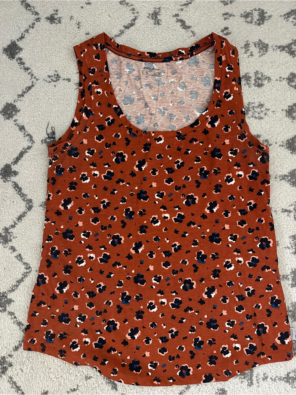 Eddie Bauer Rust Floral Scoop Neck Tank with Navy and Cream Accents